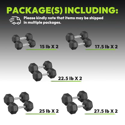 HANDBODE Rubber Coated Hex Dumbbell Set, 90-640 lb - size: 215 lb set (pair of 15, 17.5, 22.5, 25, 27.5)