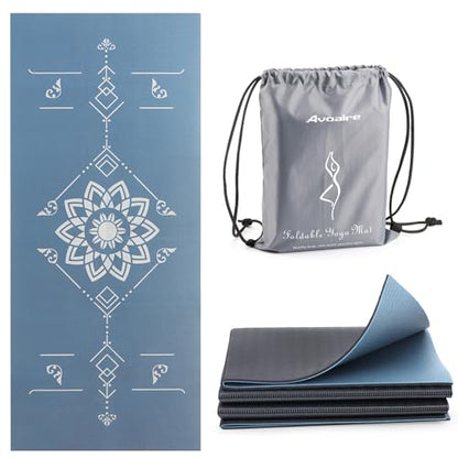 Avoalre Folding Yoga Mat, Eco-Friendly PVC Travel Yoga Mat Packable, Double Sided Non-Slip Printed Yoga Mats with Bag for Home Workout Gym Exercise Fitness Pilates Stretching (72" x 32" x 0.24" Thick) - color: Blue