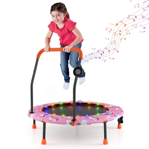 GYMAX Trampoline for Kids, 36” Toddler Mini Rebounder with Lights & Music, Removable Blue Tooth Speaker, Handle & Safety Pad, ASTM Approved Indoor Outdoor Small Kids Trampoline