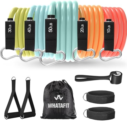 WHATAFIT Resistance Bands, Exercise Bands, Workout Bands with Handles, Door Anchor and Ankle Straps, 5 Resistance Levels Fitness Bands for Strength Training, Physical Therapy, and Home Gym Equipment - color: Macaron-01