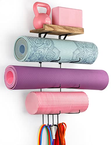 Yoga Mat Holder Accessories Wall Mount Organizer Storage Decor Foam Roller and Towel Storage Rack with 4 Hooks and Wooden Shelves Yoga Mats Rack Resistance Bands for Home Gym School Office