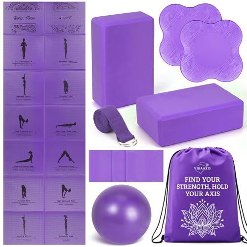 Foldable Yoga Mat and Blocks Set for Women with 2 Pack Yoga Blocks and Strap,Thin Non Slip Pilates Mat with Bag, Home Workout Equipment Essentials Starter Kit for Beginners Full Body Toning - color: Purple