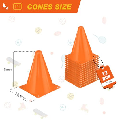 12pcs Cones 7 Inch Soccer Cones and Plastic Traffic Cones, Durable Cones for Sports Training, Ideal for Soccer, Basketball, Football, Skating, and Agility Drills Practice