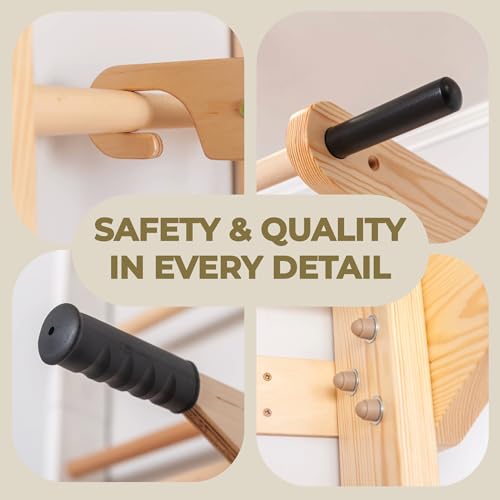 Swedish Ladder Wall Bars with Pull-Up Bar & Dip Station for Kids and Adults – Wooden Stall Bars, Multifunctional Home Gym Wall Ladder for Strength Training & Stretching