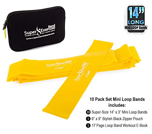 USA 14" x 3" Extra Long Latex Free Mini Loop Bands in 3, 5, 10 Pack Sets. 10 Strengths for Resistance Training, Stretching, Yoga, Toning. Plus an Exclusive iPhone App and E-Book. - color: e. Yellow X LIGHT Loop Band 10 Pack