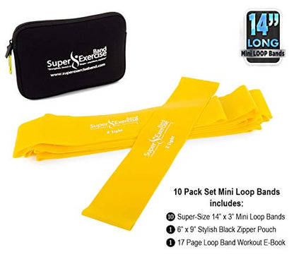 USA 14" x 3" Extra Long Latex Free Mini Loop Bands in 3, 5, 10 Pack Sets. 10 Strengths for Resistance Training, Stretching, Yoga, Toning. Plus an Exclusive iPhone App and E-Book. - color: e. Yellow X LIGHT Loop Band 10 Pack