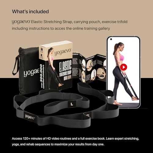 YOGA-EVO Elastic Stretching Strap with Loops for Physical Therapy - Stretch & Activate Muscles - Increase Mobility & Recovery - Soft Cotton & Spandex - Includes Carrying Pouch & Video Exercises