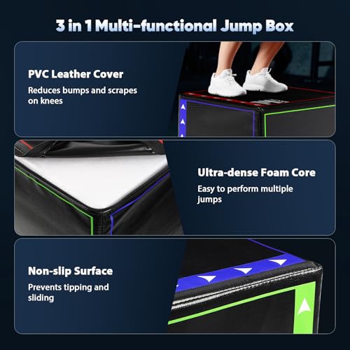 3 in 1 Plyo Box,High Density EPE Core and Non-Slip & Easy to Clean PVC Leather Cover,Exercise Box Home Gym Workout Trainer for Plyometric Jump Training,HIIT Workouts and Lower Body Strength