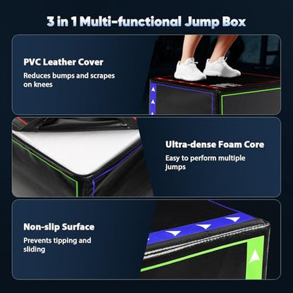 3 in 1 Plyo Box,High Density EPE Core and Non-Slip & Easy to Clean PVC Leather Cover,Exercise Box Home Gym Workout Trainer for Plyometric Jump Training,HIIT Workouts and Lower Body Strength