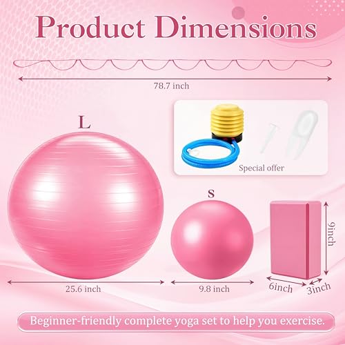 Pilates Set with 2 Yoga Exercise Balls (25.6”&9.8”), Yoga Block, Stretch Strap & Foot Pump, Stability Fitness Ball Kit for Home Gym Equipment Workout Pregnancy Physical Therapy