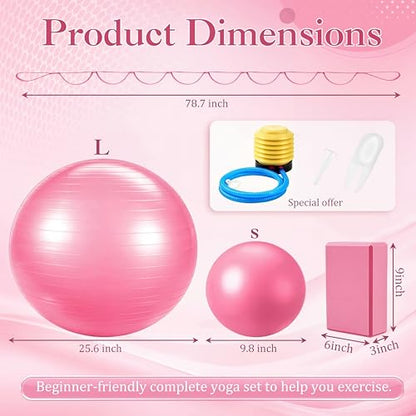 Pilates Set with 2 Yoga Exercise Balls (25.6”&9.8”), Yoga Block, Stretch Strap & Foot Pump, Stability Fitness Ball Kit for Home Gym Equipment Workout Pregnancy Physical Therapy