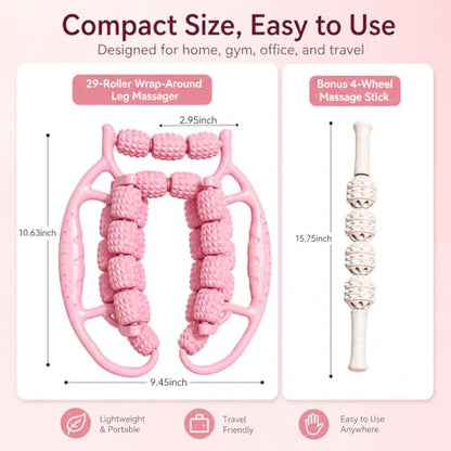 Upgraded Leg Roller Massager, Open-Side Muscle Roller with 29 Textured Rollers, Ergonomic 3D Rolling Massager for Legs, Arms & Neck, Portable Muscle Relaxation Tool for Home Gym(Pink)