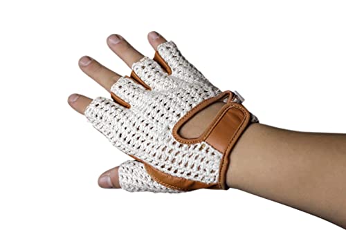 Retro Leather Crochet Cycling Gloves - Classic Tan