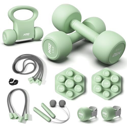 HTQ Adjustable Dumbbell Set for Women, 2-17LBS Total Plate Weight Home Workout Equipment with Kettlebell, Wrist Weights, Resistance Tube, Jump Rope, Pink/Green Free Weights Set for Women at Home - color: Green