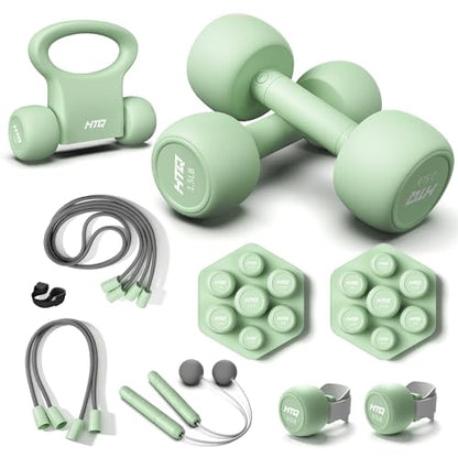 HTQ Adjustable Dumbbell Set for Women, 2-17LBS Total Plate Weight Home Workout Equipment with Kettlebell, Wrist Weights, Resistance Tube, Jump Rope, Pink/Green Free Weights Set for Women at Home - color: Green