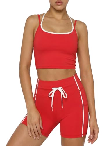 YOINS 2 Piece Women's Workout Sets Yoga Color Block Sports Bra and High Waisted Adjustable Biker Shorts with Pockets Set