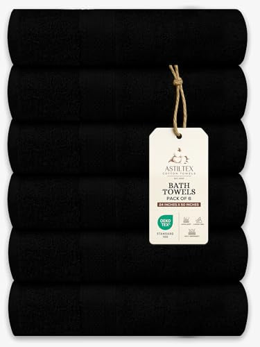 Large Bath Towels Pack of 6 – 24" x 50", 100% Cotton Terry – Soft, Quick-Dry & Highly Absorbent – Black Towels for Bathroom, Spa, Shower, Pool & Daily Use