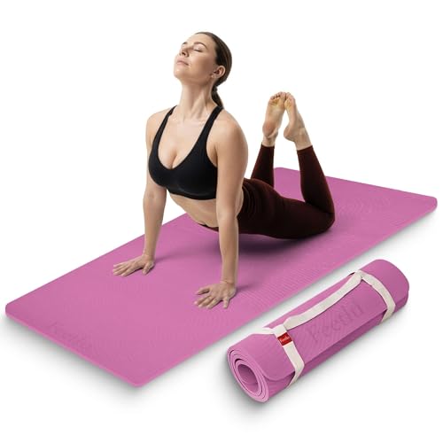 Extra Thick 12mm Exercise Mat – 74"L x 26"W Inch, Non-Slip, Joint-Friendly & Cushioned Fitness Mat for Yoga, Pilates & Floor Workouts – Durable, Supportive & Includes Feetlu Classic Strap