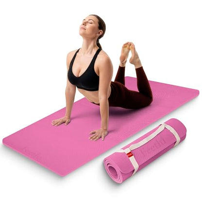 Extra Thick 12mm Exercise Mat – 74"L x 26"W Inch, Non-Slip, Joint-Friendly & Cushioned Fitness Mat for Yoga, Pilates & Floor Workouts – Durable, Supportive & Includes Feetlu Classic Strap
