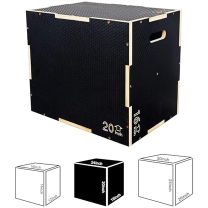 Fitvids 16" x 14" x 12" Non-Slip Wooden Plyo Box Jump Exercise Platform, Plyometric Workout Equipment for Home Gym, Training Step Box, Black