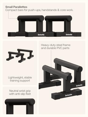 BetterMe Push Up Bars - Steel Small Parallettes for Calisthenics and Strength Training - Non Slip Pushup Bars with Neutral Wrist Support - Portable Push Up Stands for Men