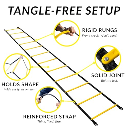 SOFTSOUL Tangle Free Agility Ladder, 12 Fixed Rungs, Heavy Duty Speed & Footwork Training Ladder for Football Soccer Basketball Drills, Portable Exercise Ladder for Kids, Youth & Adults - style: 12 Rungs (2 Pack)