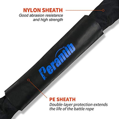 Battle Rope With Wear-Resistant Nylon Protective Sleeve - Heavy Battle Rope for Strength Training, Home Fitness Exercise - Anchor Strap Kit Included