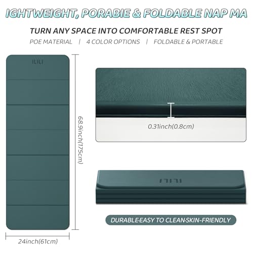 ILILI Foldable Yoga Mat 71 * 24 * 0.3'' - TPE Non-Slip Fitness Mat for Home，Waterproof & Lightweight (2lb) for Home Gym, Pilates & Stretching,Fitness Workouts - color: Dark Green