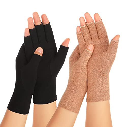 Zexhoor 2 Pairs Arthritis Compression Gloves for Women Men, Carpal Tunnel Pain Relief, Fingerless for Typing Both Hands - color: Black1+brown1, size: Medium
