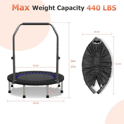 HYD-Parts 40" 48" Mini Trampoline for Adults and Kids Exercise Rebounder with Adjustable Bar Fitness Trampoline Indoor Max Load 330 440lbs - color: Blue-48in
