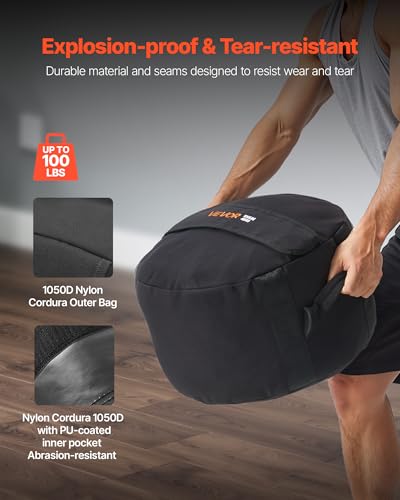 VEVOR Workout Sandbag, Heavy Duty Workout Power Bags with Handles, 100 lbs/45 kg Slam Bag for Fitness Strength Weight Training Cross-Training, Home Gym Exercise, Black (Unfilled)