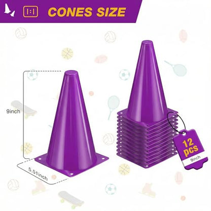12pcs Cones 9 Inch Soccer Cones and Plastic Traffic Cones, Durable Cones for Sports Training, Ideal for Soccer, Basketball, Football, Skating, and Agility Drills Practice - color: purple