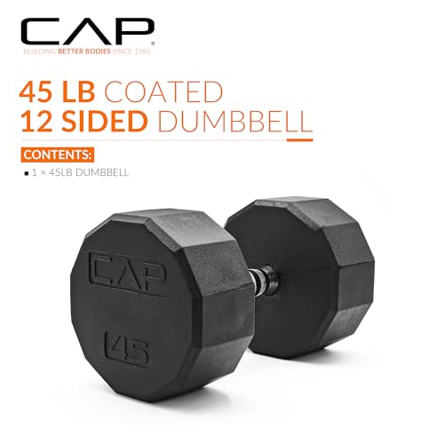 CAP Rubber Coated Dumbbell Weights, Free Weights for Home Gym Strength Training, Anti-Roll Hex Dumbbells with Black, Chrome & Comfort Grip Handles, Singles - size: 45 lb, style: 12-Sided - Chrome Handle