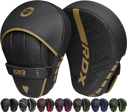 RDX Boxing Pads Curved Focus Mitts, Maya Hide Leather Kara Hook and jab Training Pads, Adjustable Strap Ventilated, MMA Muay Thai Kickboxing Coaching Martial Arts Punching Hand Target Strike Shield - color: Golden