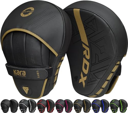RDX Boxing Pads Curved Focus Mitts, Maya Hide Leather Kara Hook and jab Training Pads, Adjustable Strap Ventilated, MMA Muay Thai Kickboxing Coaching Martial Arts Punching Hand Target Strike Shield - color: Golden