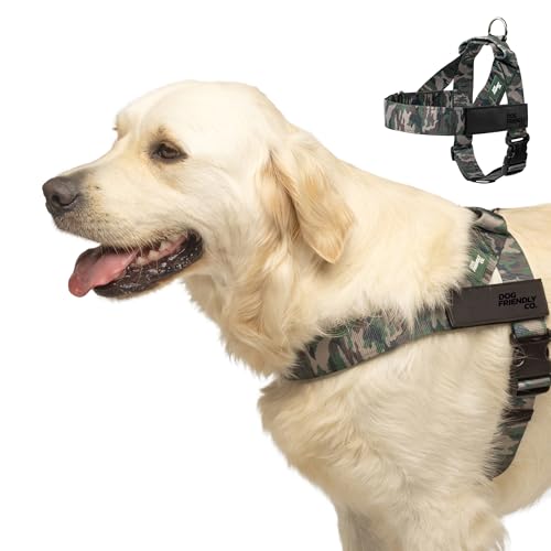 Dog Friendly Co. Dog Harness | Chafe Resistant Webbing, Adjustable Neck & Chest, and Heavy Duty D-Ring | Sturdy, Comfortable, Easy to Use | Green Camo, Size L