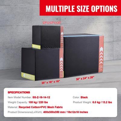 Happybuy 3-in-1 Plyometric Jump Box, 16/14/12 Inch Adjustable Cotton Plyo Box, Anti-Slip Fitness Exercise Platform for Home Gym Training, Conditioning, Strength Training, Black