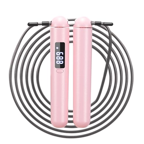 Smart Jump Rope for Women – Calorie Counter That Helps You Lose Weight | 4 Modes for Beginner to HIIT | Smooth Steel Wire, No Cutting, Type-C | Home & Cardio Workout - color: Pink