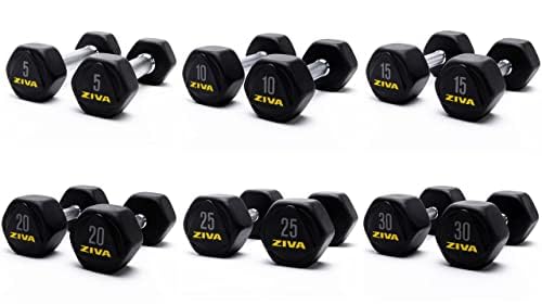 ZIVA Premium Hex Dumbbells – Commercial Grade Rubber Urethane Coated Free Weights for Strength Training, Weightlifting, Home Gym – Durable Steel Core – Sold in Pairs and Sets - style: u) 6 Pair Set + Rack