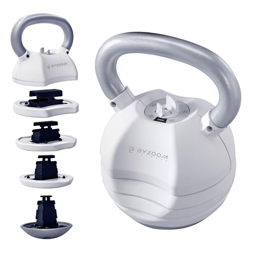 BYZOOM FITNESS Pure Series Adjustable Kettlebell 30/40/50LB - 5-IN-1 Weight Change, Patented Quick-Change Machenism, Ergonomic Curved Handle for Home Gym, Strength Training, HIIT, White OR Black - color: 30LB White