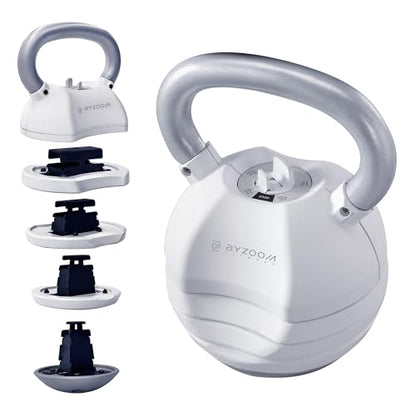 BYZOOM FITNESS Pure Series Adjustable Kettlebell 30/40/50LB - 5-IN-1 Weight Change, Patented Quick-Change Machenism, Ergonomic Curved Handle for Home Gym, Strength Training, HIIT, White OR Black - color: 30LB White