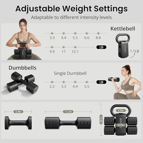 2-in-1 Adjustable Dumbbell Set for Women - 4 Levels (2.2lbs to 12.1lbs) - Home Gym Weights for Women at Home - Fitness Dumbbells - color: Black
