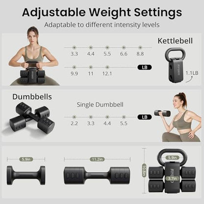 2-in-1 Adjustable Dumbbell Set for Women - 4 Levels (2.2lbs to 12.1lbs) - Home Gym Weights for Women at Home - Fitness Dumbbells - color: Black