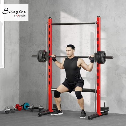 Soozier Squat Rack with Pull-Up Bar, Adjustable Power Rack with Barbell Bar, Multi-Functional Steel Bench Press Rack for Home Gym Strength Training, Black - color: Red