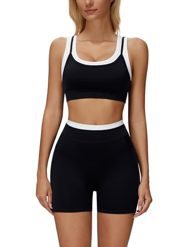 ABOCIW Womens Layerd Workout Sets Square Neck Sports Bra Tummy Control High Waist Biker Shorts Yoga Pilates Outfits - color: Black, size: X-Small