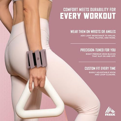 RBX Adjustable Ankle & Wrist Weights, Customizable for Pilates, Yoga, Walking, Barre, Home Workouts & Strength Training - color: Rose Gold