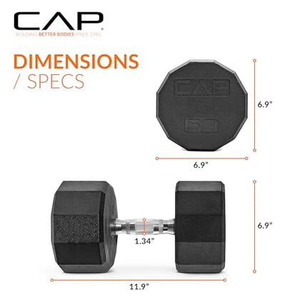 CAP Rubber Coated Dumbbell Weights, Free Weights for Home Gym Strength Training, Anti-Roll Hex Dumbbells with Black, Chrome & Comfort Grip Handles, Singles - size: 50 lb, style: 12-Sided - Chrome Handle
