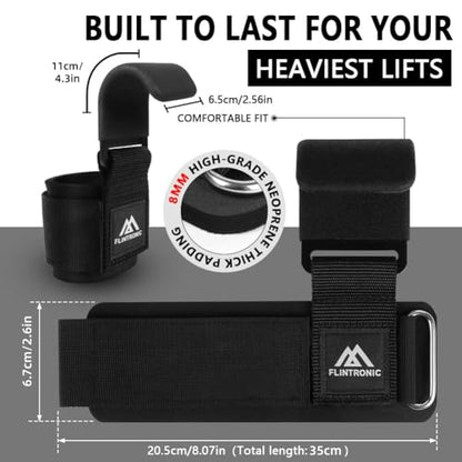 Flintronic Weight Lifting Hooks, Unisex Non-Slip Rubber Coated Grips, 8mm Neoprene Wrist Support, Gym Training, Powerlifting, Deadlift