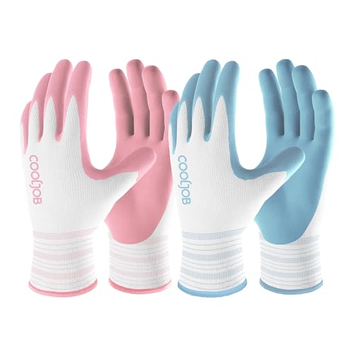 COOLJOB 2 Pairs Gardening Gloves for Women, Breathable Rubber Coated, S - color: Sakura Pink, Light Blue, size: Small (Pack of 2)