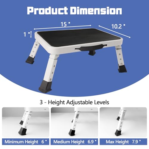 3 Levels Adjustable Height Foldable Step Stool - Heavy Duty Metal Portable Camping Chair with Non-Slip Feet, Collapsible Small Foot Stool for Home, Kitchen, Trip, Patio, Picnic, (White) - style: Metal